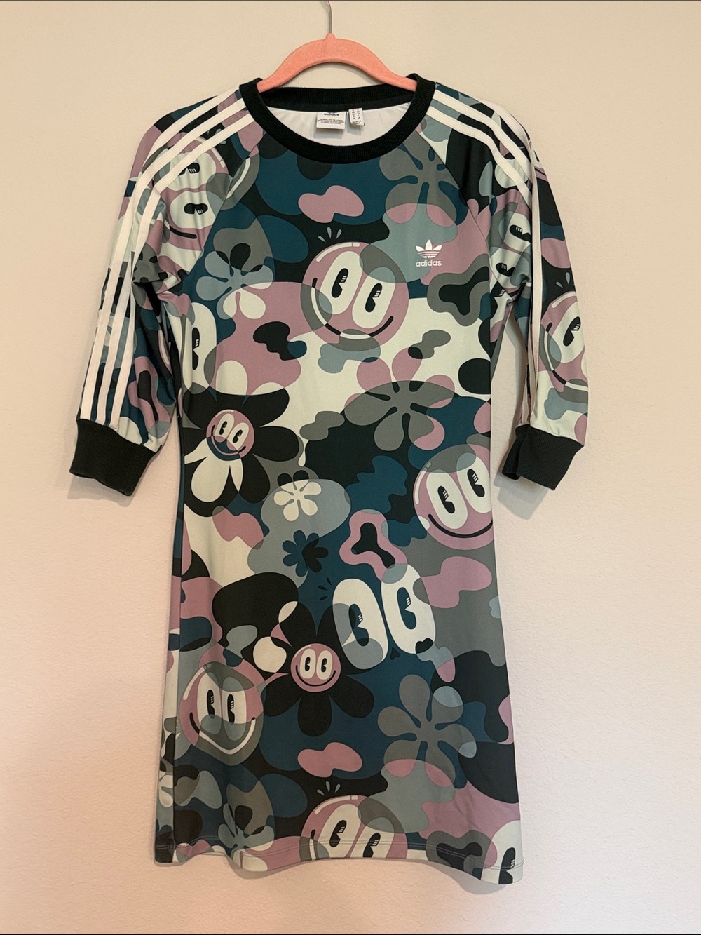 Adidas x Hattie Stewart 3 Stripe Camo Doodle Smiley Faces womens dress Medium